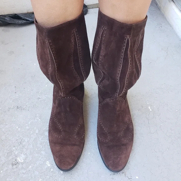 Vtg 80s brown Suede boho westernboots mid calf barrel shaft boots 9